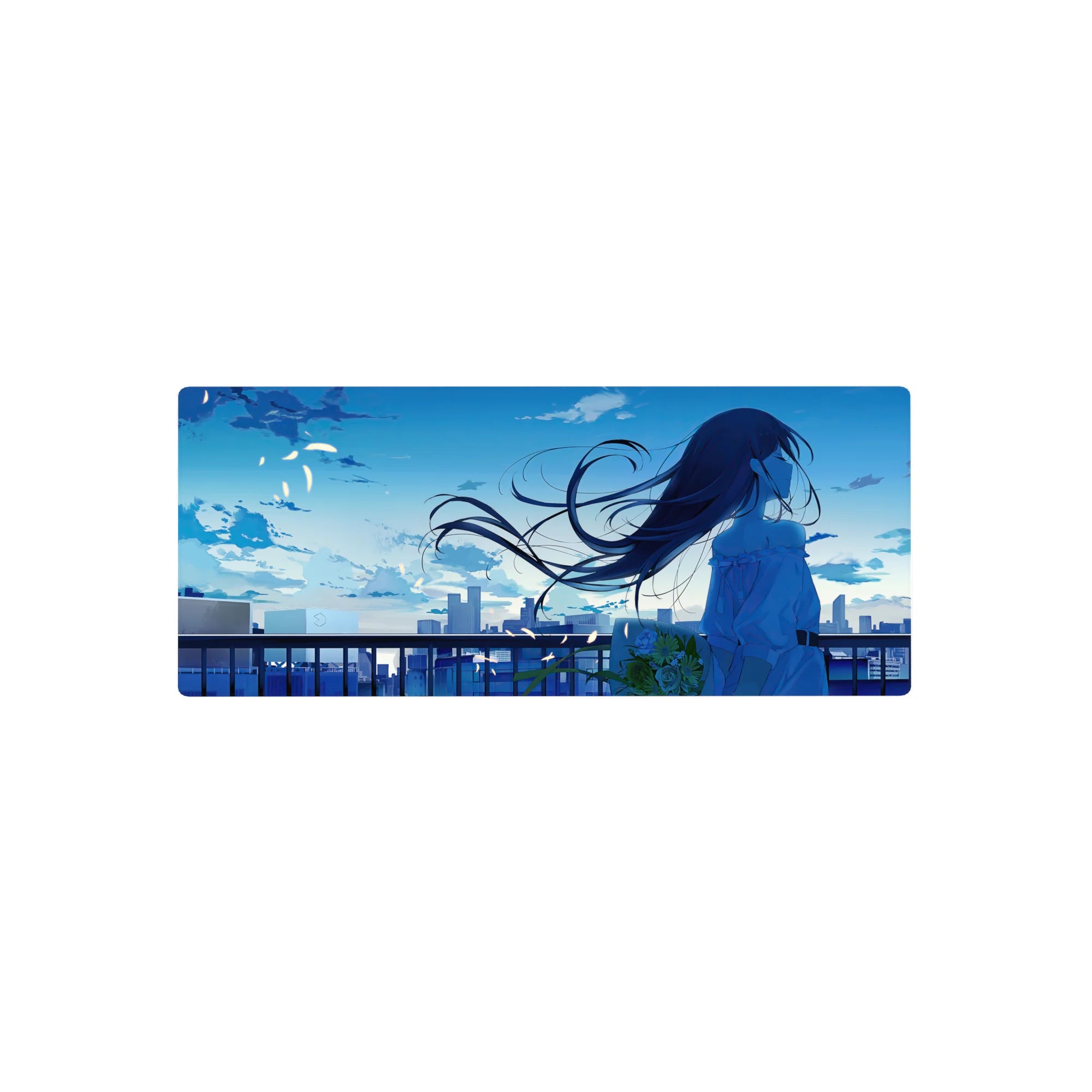 Anime girl mouse pad 28x12 inches with city sunset skyline, railing silhouette, drifting petals.