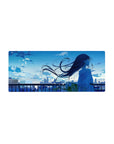 Anime girl mouse pad 28x12 inches with city sunset skyline, railing silhouette, drifting petals.