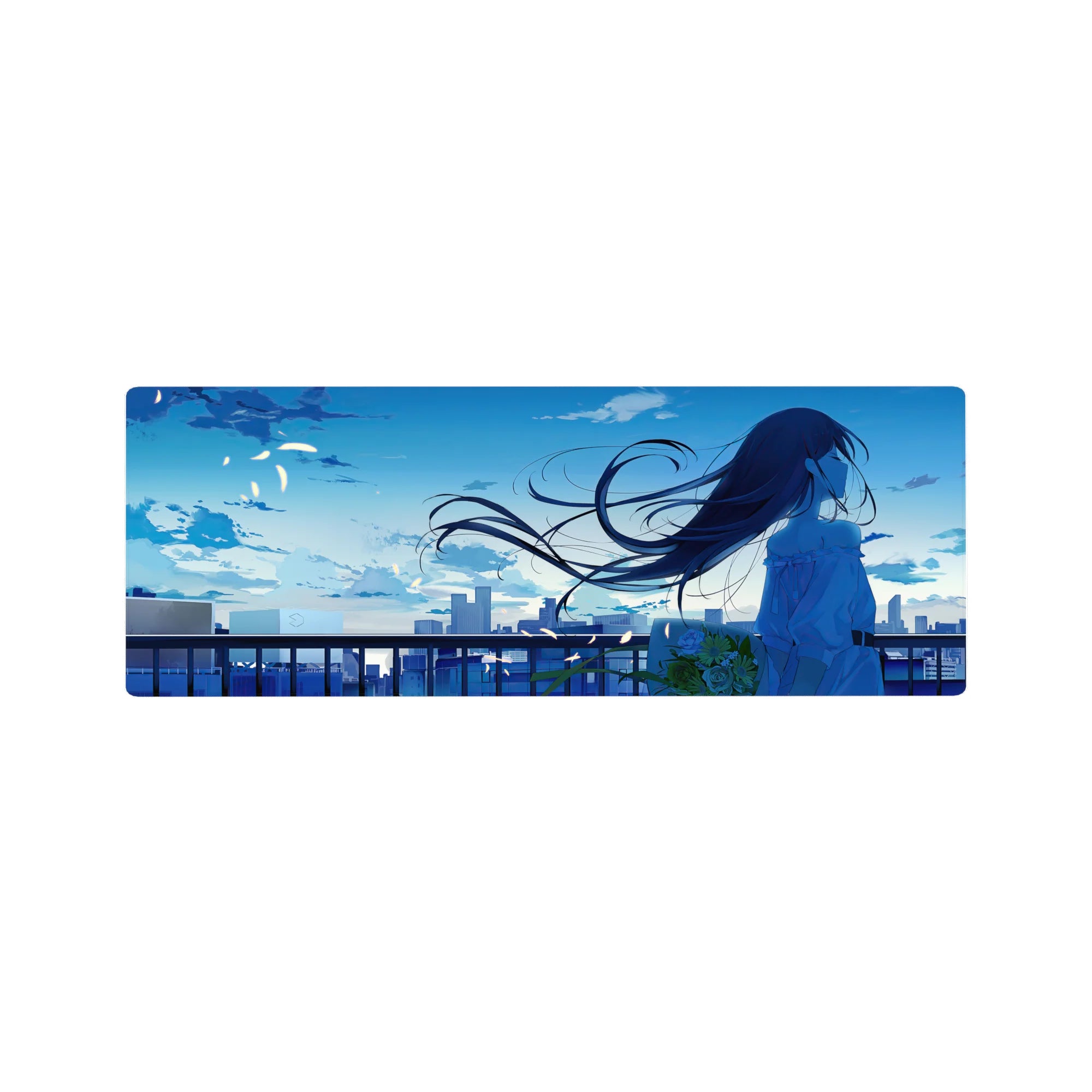 Anime girl mouse pad 32x12 inches featuring a city sunset skyline, railing silhouette, and drifting petals.