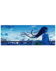 Anime girl mouse pad 32x12 inches featuring a city sunset skyline, railing silhouette, and drifting petals.