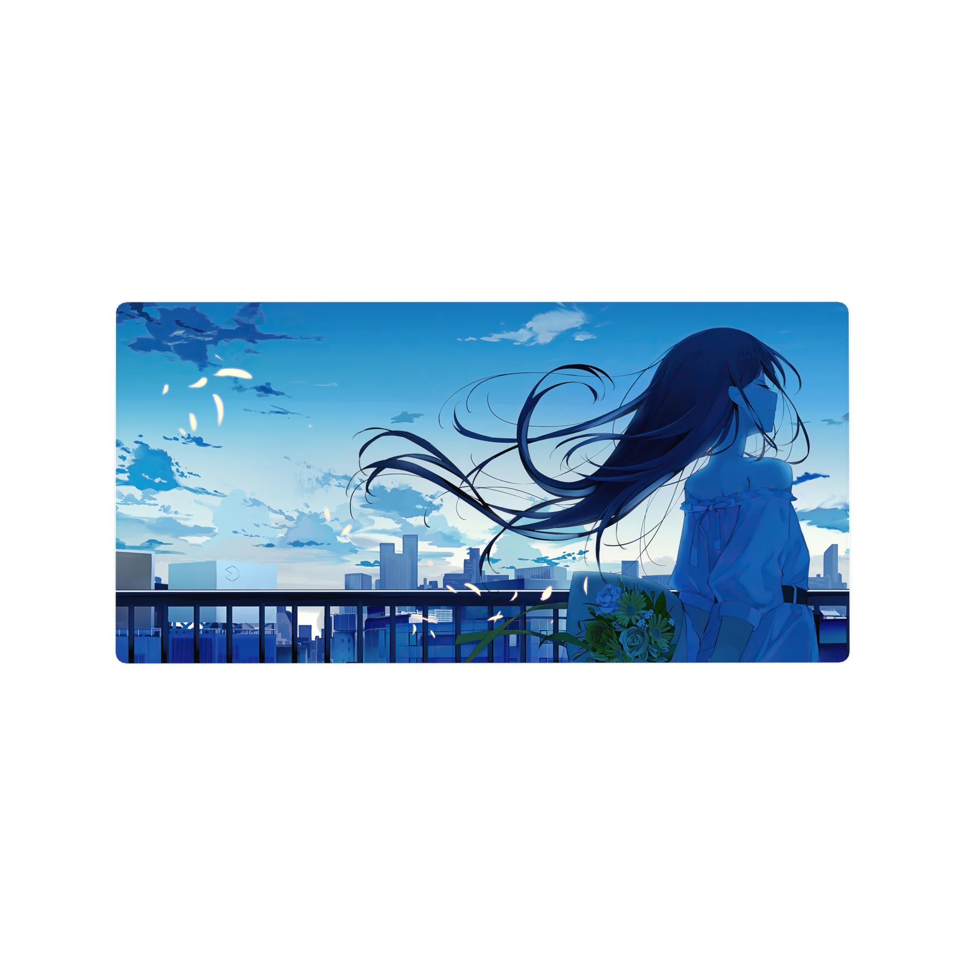 Anime girl mouse pad 32x16 inches with city sunset skyline, railing silhouettes, and drifting petals.