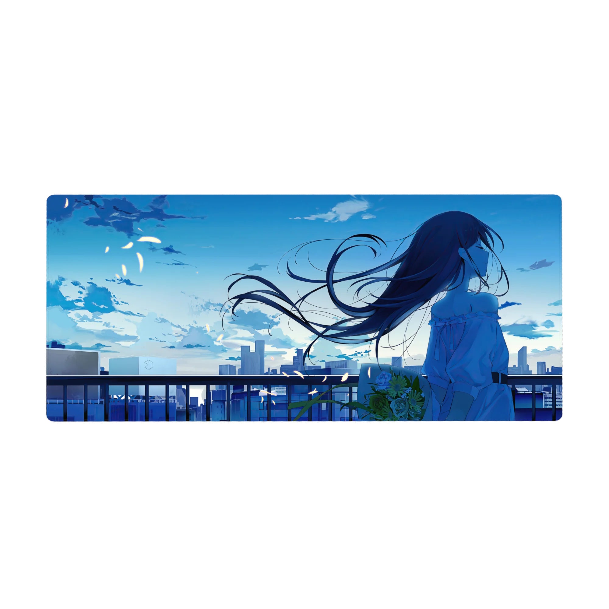 Anime girl desk pad 36x16 inches with city sunset skyline, railing silhouette, clouds and drifting petals.