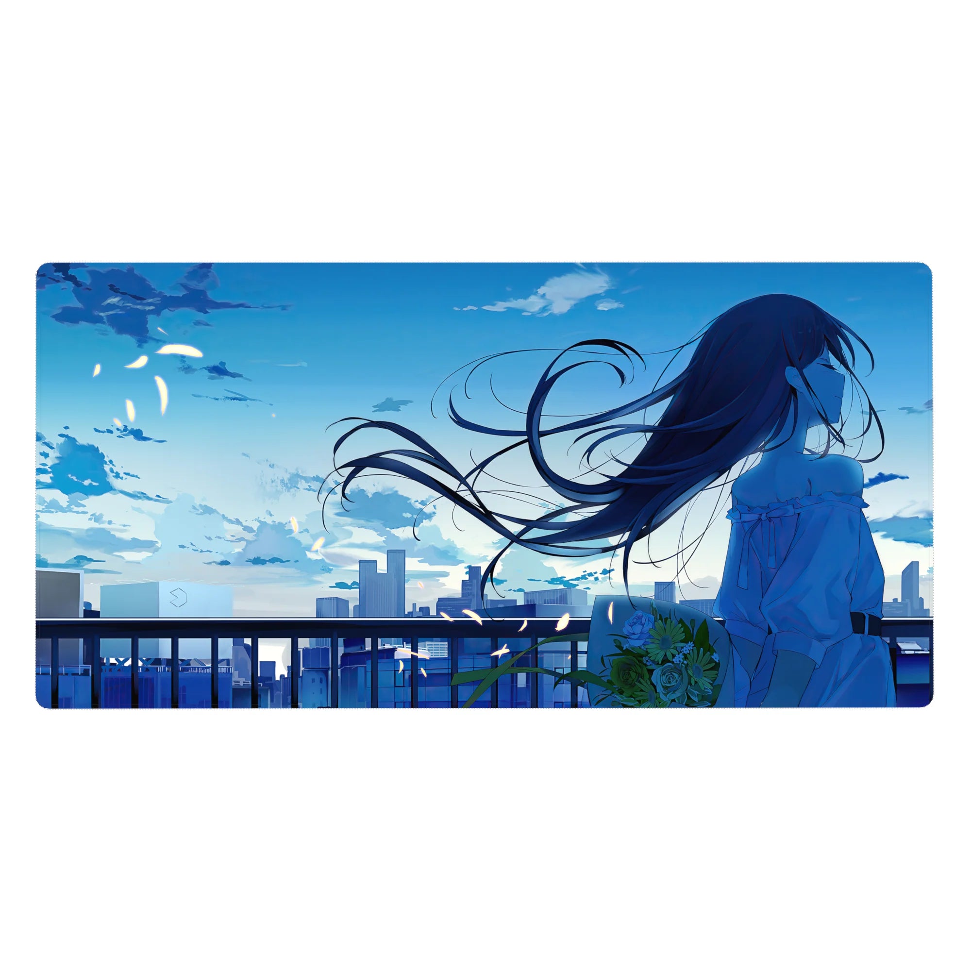 Anime girl desk pad 40x20 inches with city sunset skyline, railing silhouettes, and drifting petals.