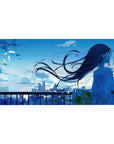 Anime girl desk pad 40x20 inches with city sunset skyline, railing silhouettes, and drifting petals.