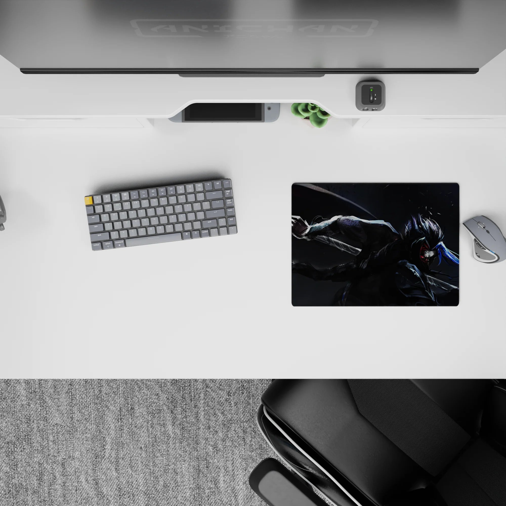 Dark charcoal anime mouse pad 14x10 inches with silver armor, neon blue streaks, fierce red-eyed vibe.