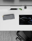 Dark charcoal anime mouse pad 14x10 inches with silver armor, neon blue streaks, fierce red-eyed vibe.