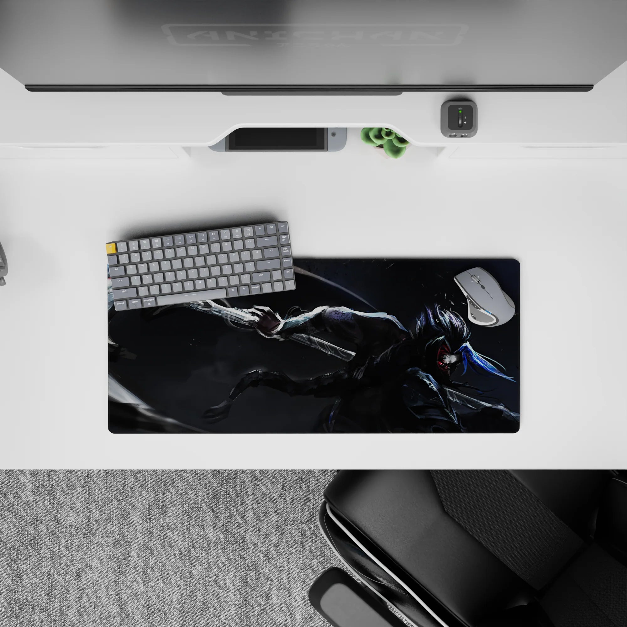 28x12 inches anime mouse pad in deep charcoal with silver flashes, red eyes glow, and electric blue streaks.