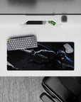 28x12 inches anime mouse pad in deep charcoal with silver flashes, red eyes glow, and electric blue streaks.