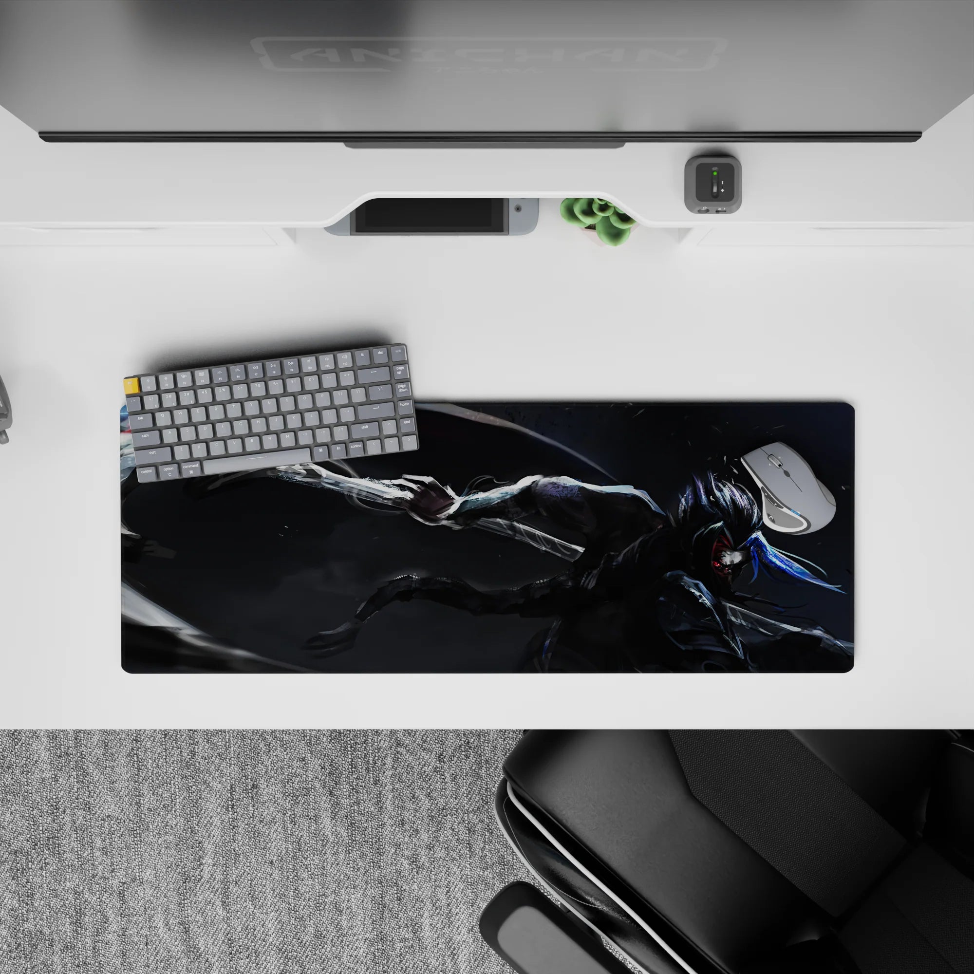 Anime mouse pad 32x12 inches in deep charcoal and silver with red eyes and electric blue accents, intense vibe.