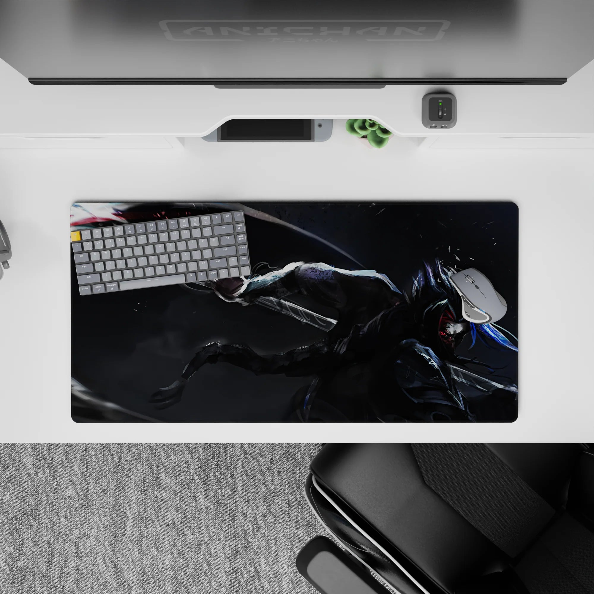 32x16 inches anime mouse pad in deep charcoal with silver flashes, neon-blue accents, fierce red eyes.