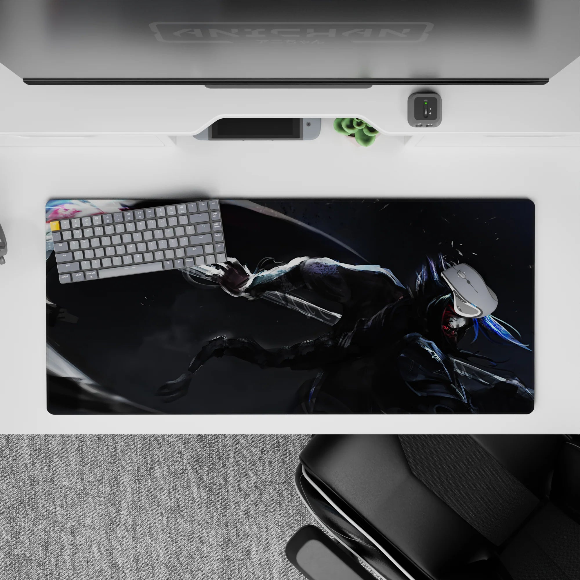 36x16 inches anime desk pad in stormy charcoal with silver flashes, red eyes, and electric blue accents.