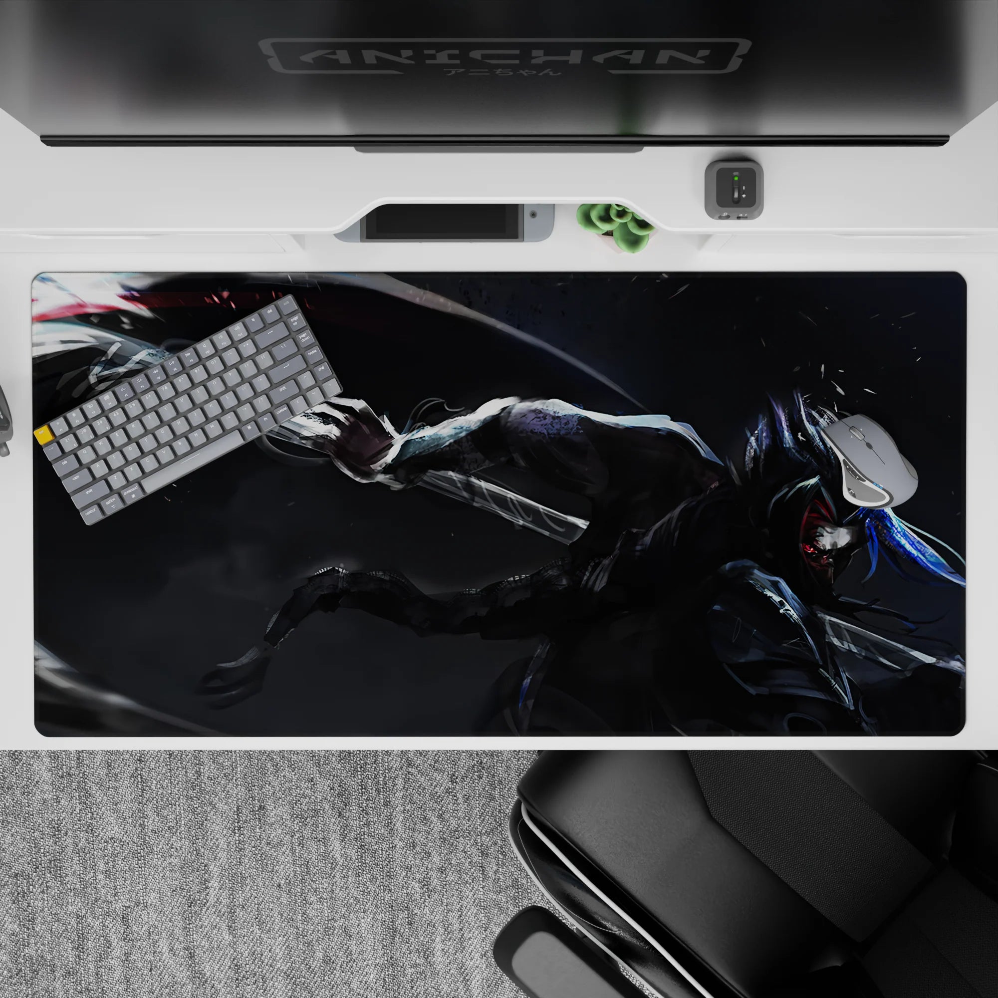 Dark charcoal and silver anime desk pad 40x20 inches with neon blue streaks and fierce red eyes.