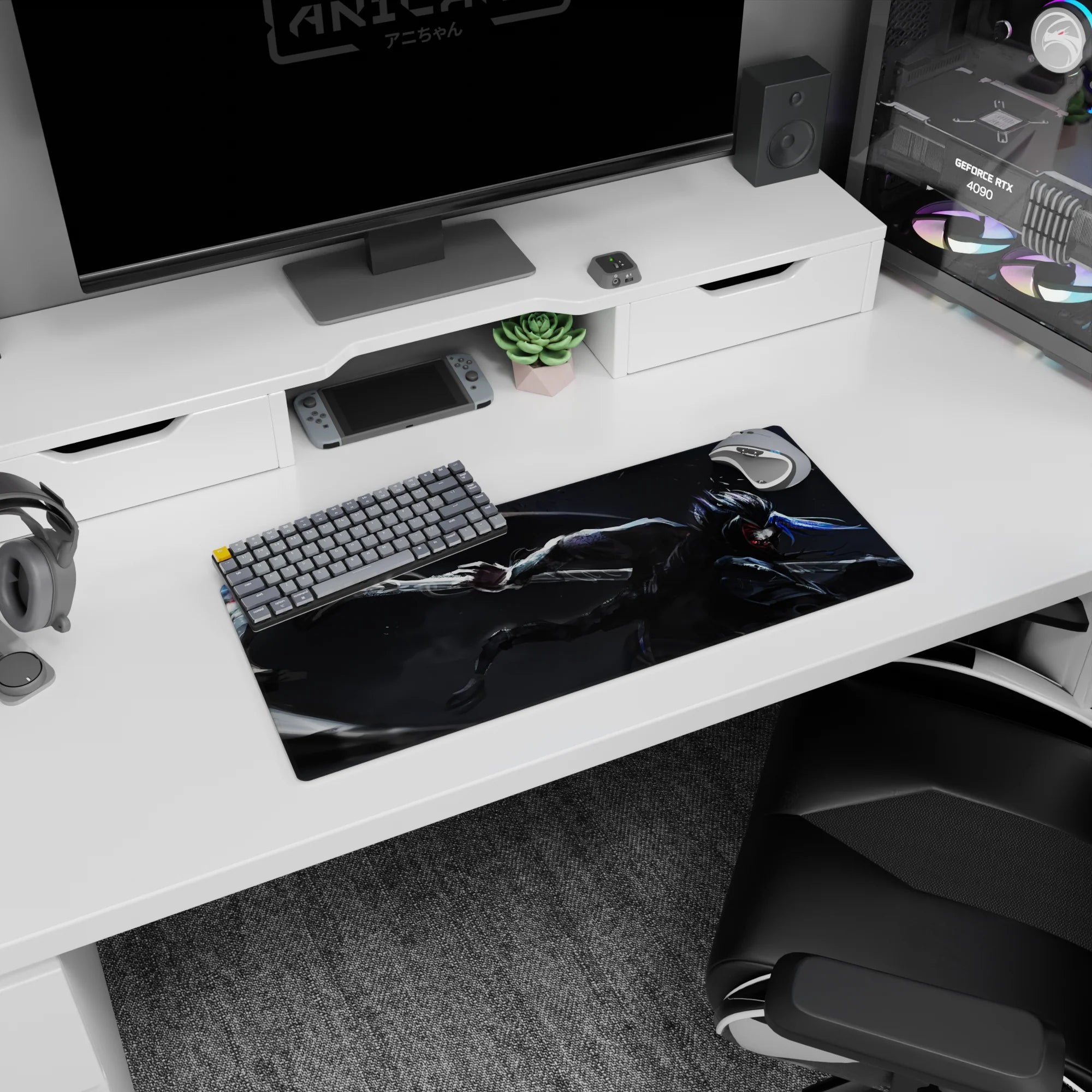 28x12 inches anime mouse pad showing a low, fast swordsman slicing through a stormy void with splatter arcs.