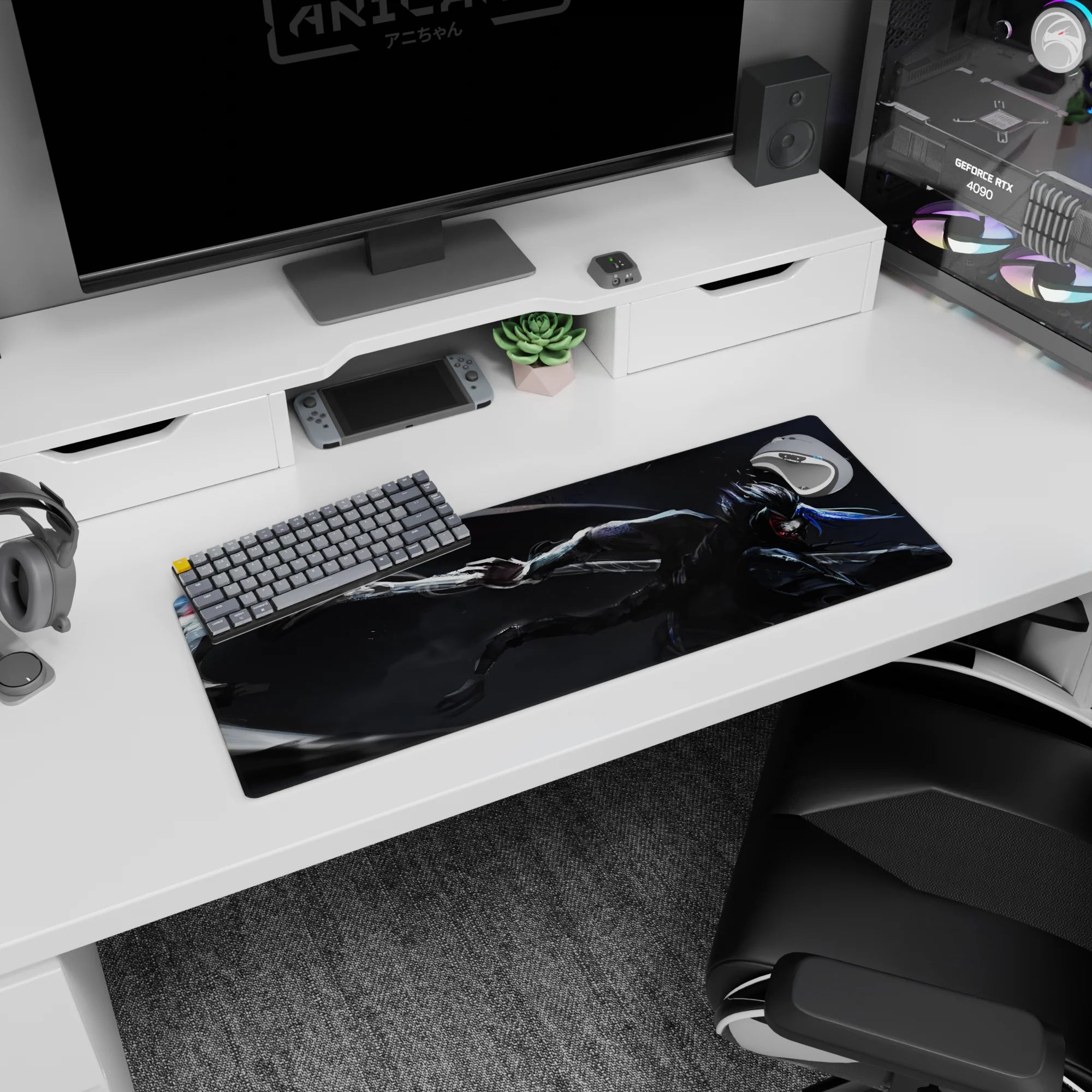 Anime mouse pad 32x12 inches showing a low, fast swordsman in metallic gauntlets cutting through a void storm.