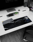 Anime mouse pad 32x12 inches showing a low, fast swordsman in metallic gauntlets cutting through a void storm.