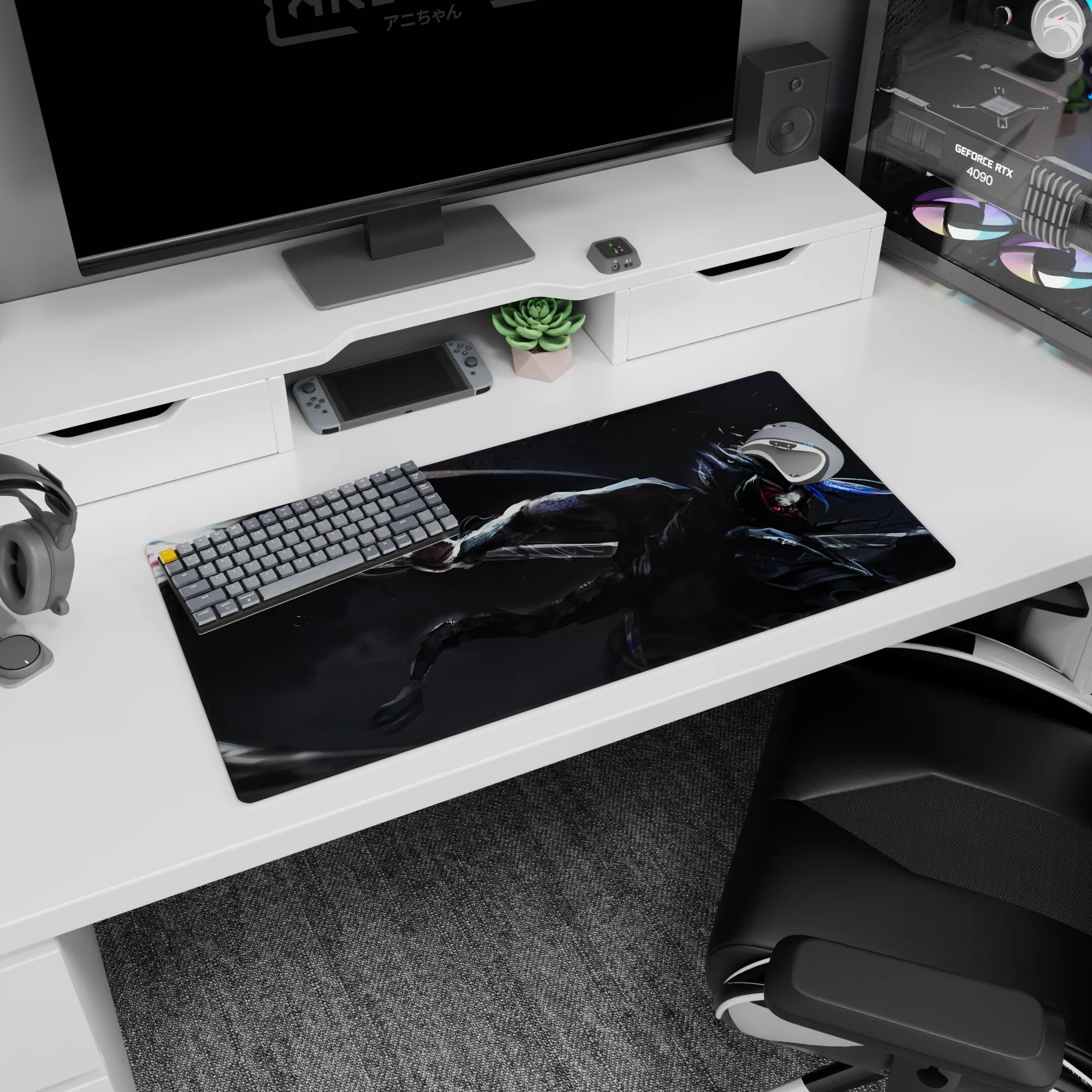 32x16 inches anime mouse pad showing a low, fast swordsman cutting through a stormy void with splatter arcs.
