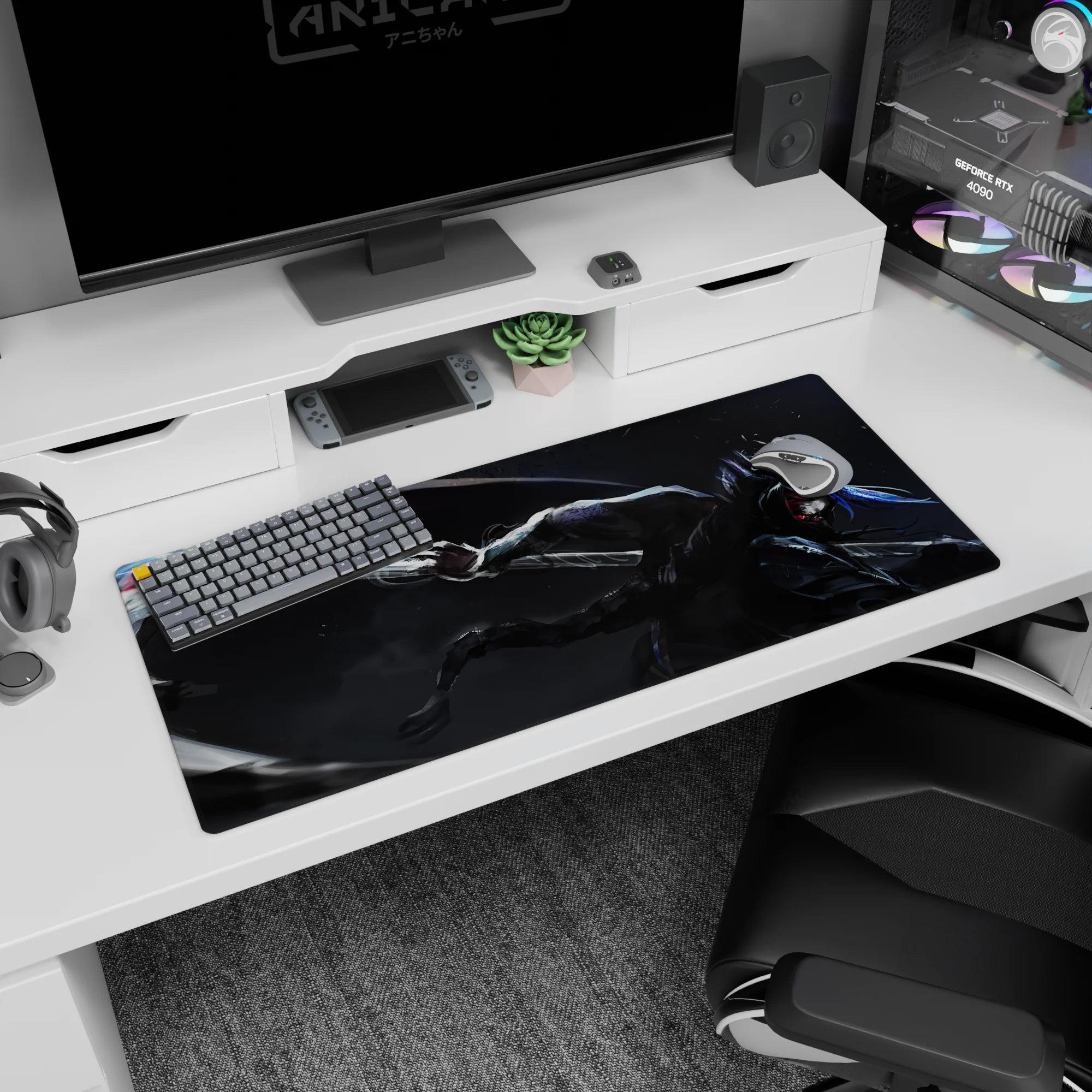 36x16 inches anime desk pad showing a fast low swordsman cutting through a void storm, red eyes glowing.
