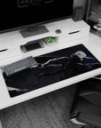 36x16 inches anime desk pad showing a fast low swordsman cutting through a void storm, red eyes glowing.