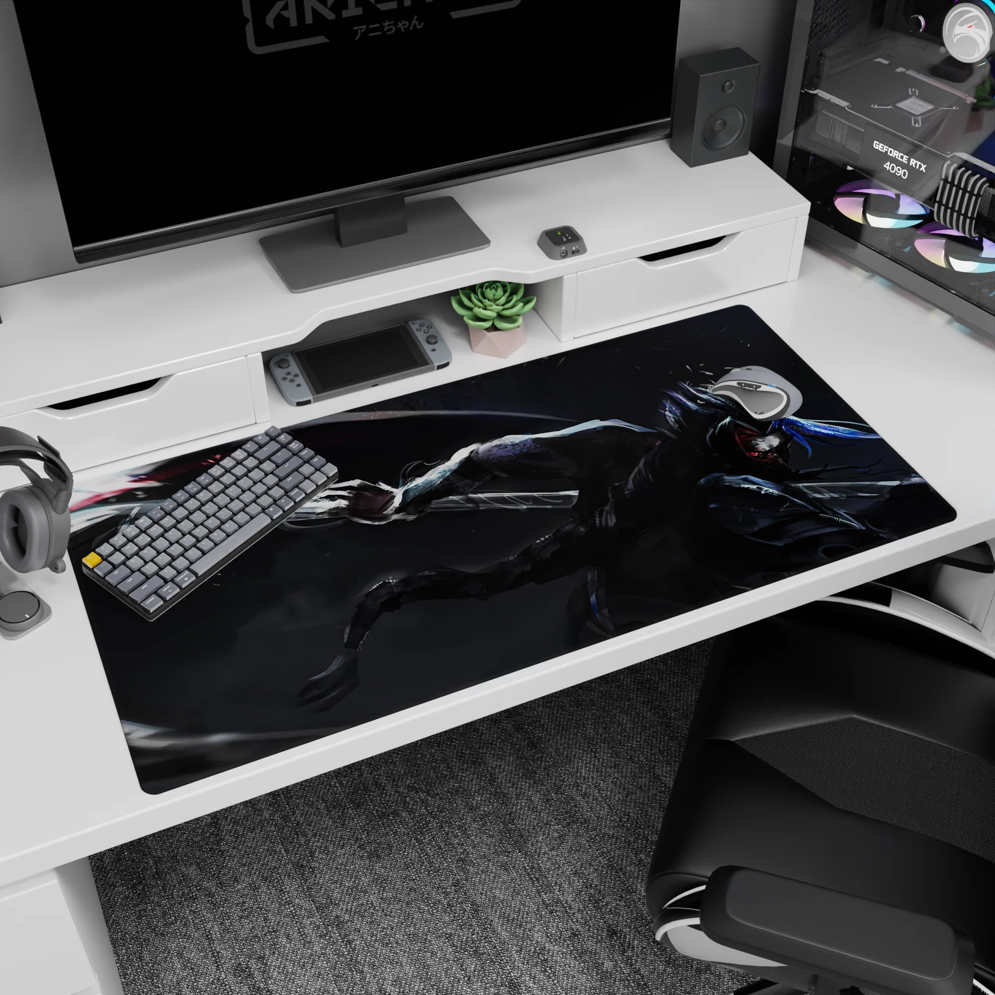 Anime desk pad 40x20 inches showing a low, fast swordsman cutting through a stormy void in armor.