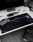 Anime desk pad 40x20 inches showing a low, fast swordsman cutting through a stormy void in armor.