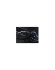 Classic anime mouse pad 14x10 inches with lone blade fighter, stormy void backdrop, dynamic motion arcs.