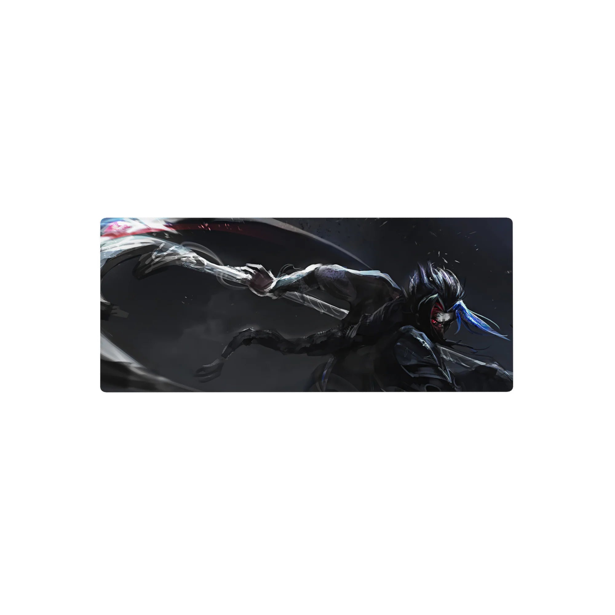 28x12 inches anime mouse pad with lone blade fighter, sleek silver armor, neon blue accents, stormy void.
