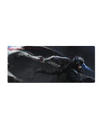28x12 inches anime mouse pad with lone blade fighter, sleek silver armor, neon blue accents, stormy void.