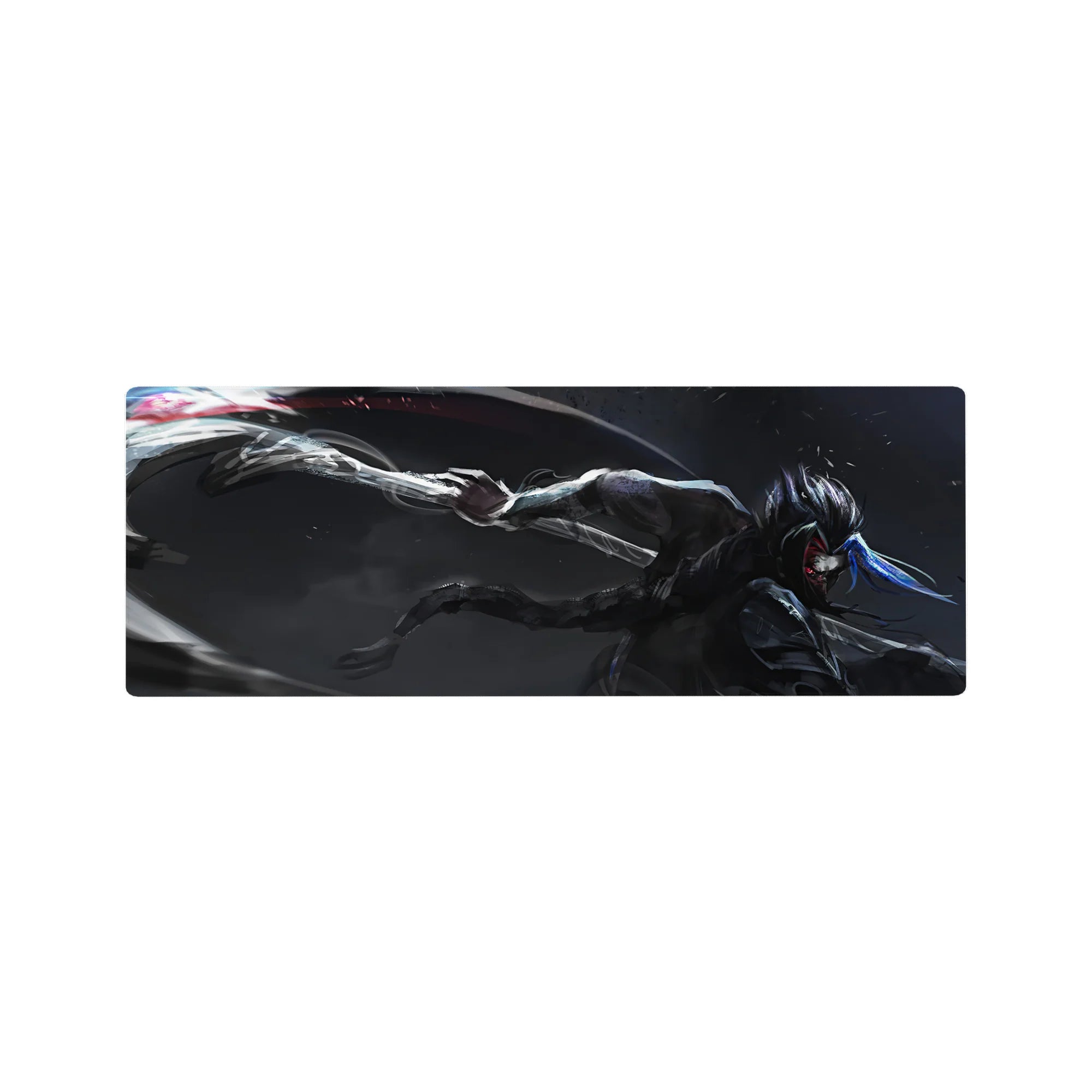 Anime mouse pad 32x12 inches with lone blade fighter, stormy void backdrop, neon blue arcs and splatter.
