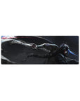 Anime mouse pad 32x12 inches with lone blade fighter, stormy void backdrop, neon blue arcs and splatter.