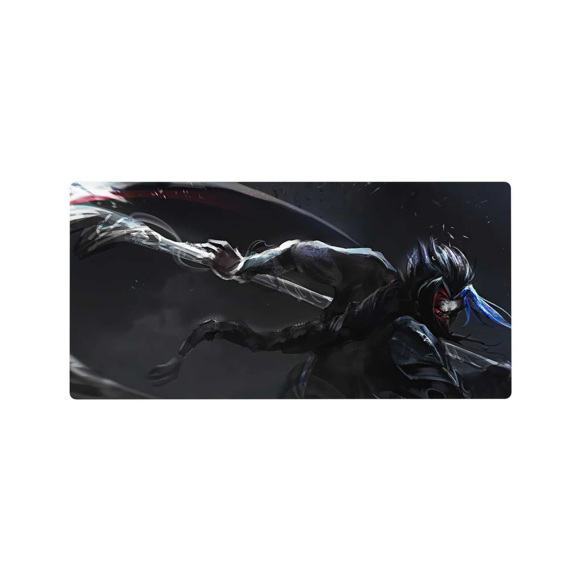 32x16 inches anime mouse pad with lone blade fighter, sleek silver armor, blue streaks, stormy void.