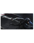 32x16 inches anime mouse pad with lone blade fighter, sleek silver armor, blue streaks, stormy void.