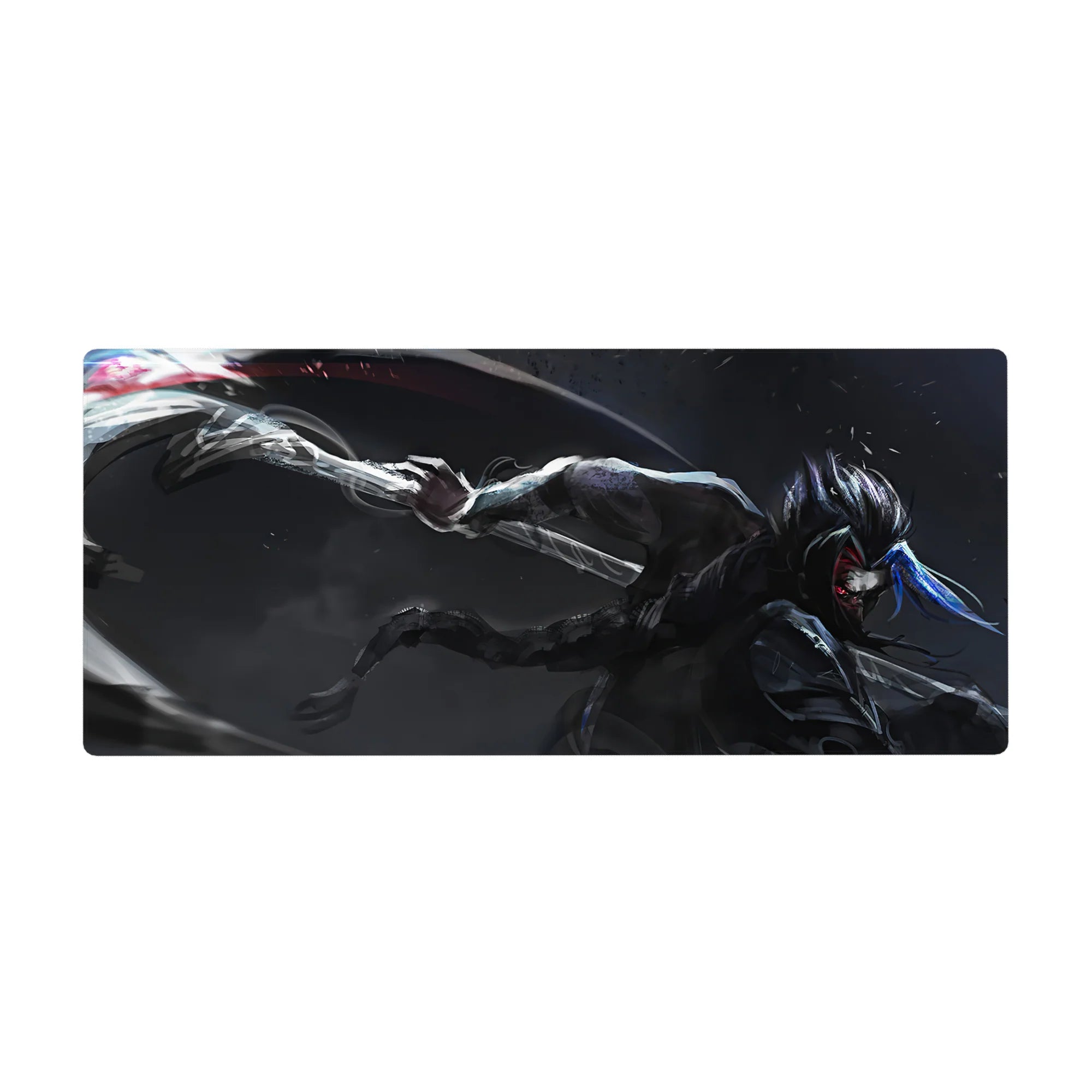 36x16 inches anime desk pad with lone blade fighter, silver armor, neon blue streaks, dynamic splatter arcs.