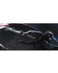 36x16 inches anime desk pad with lone blade fighter, silver armor, neon blue streaks, dynamic splatter arcs.