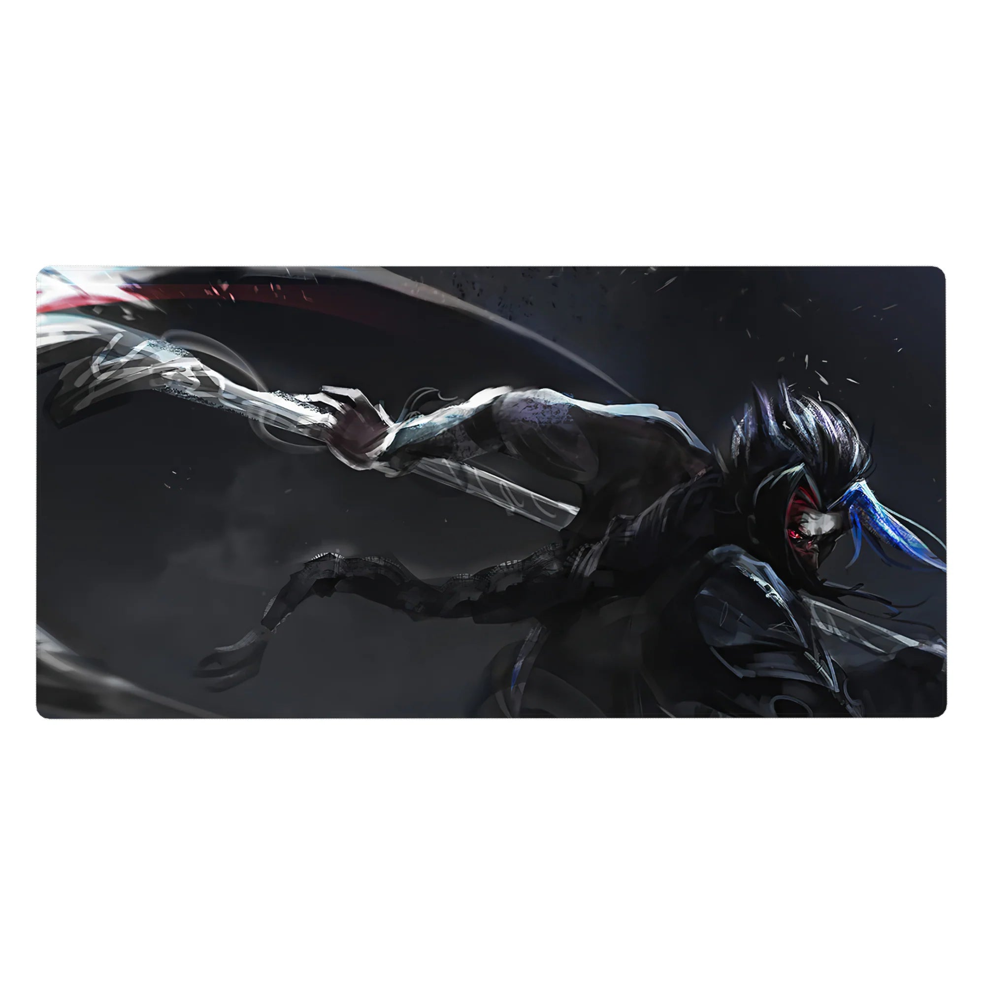 Anime desk pad 40x20 inches with lone blade fighter, sleek armor, splatter arcs, stormy void backdrop.
