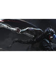 Anime desk pad 40x20 inches with lone blade fighter, sleek armor, splatter arcs, stormy void backdrop.