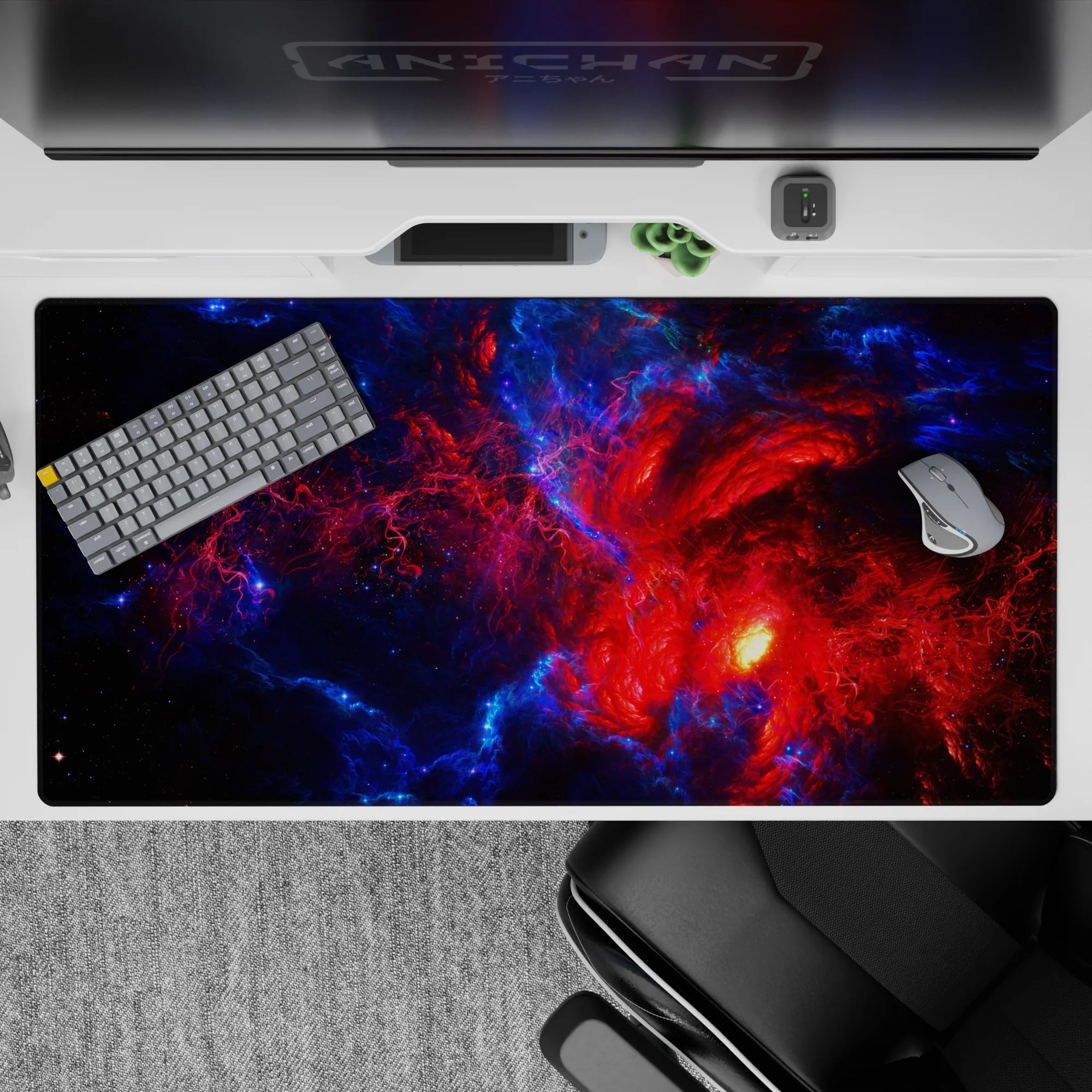 Large 40x20 inch desk pad with abstract midnight blue and red lightning design, smooth and durable surface.