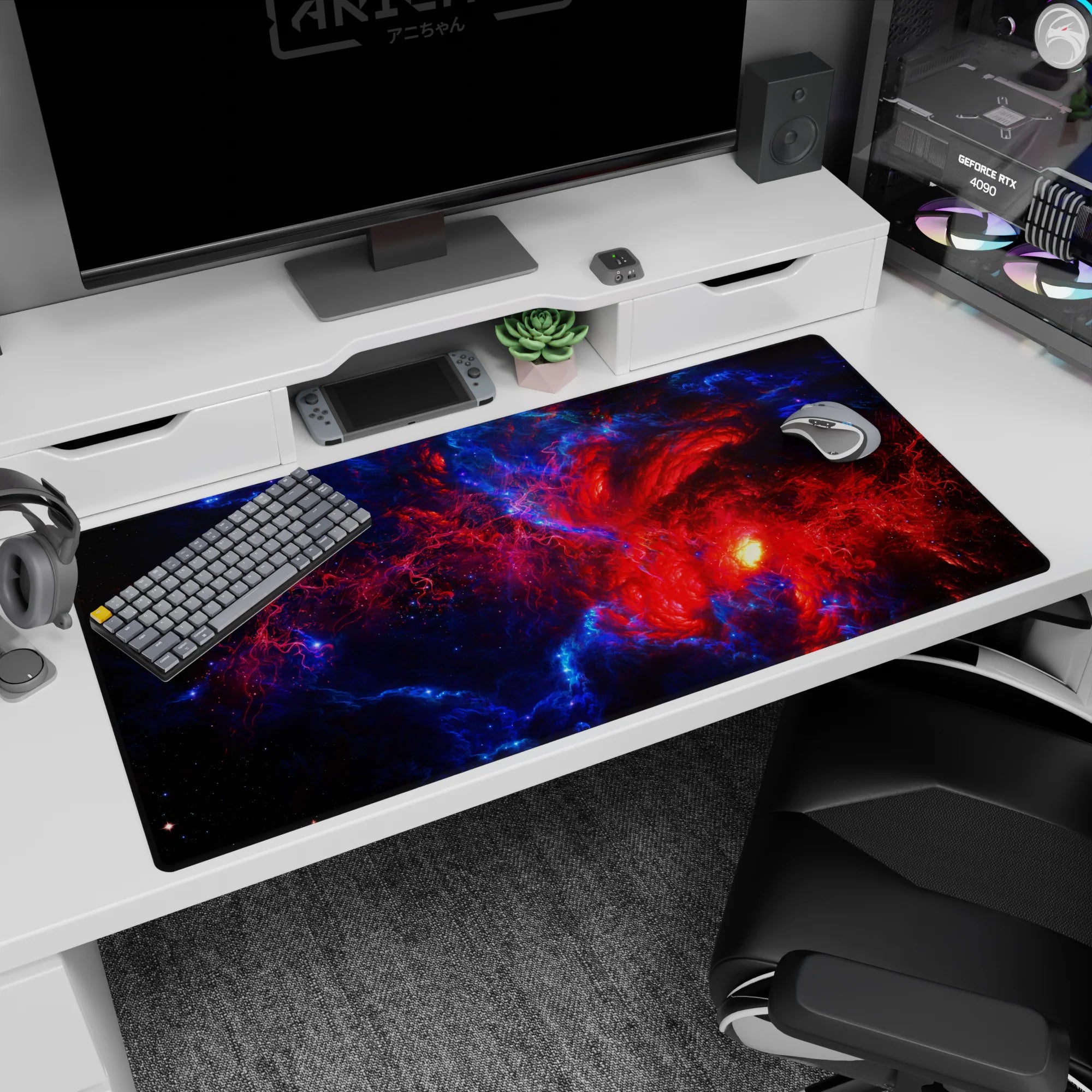Large 40x20 inch desk pad with deep midnight blue and red abstract lightning design for modern workspace.