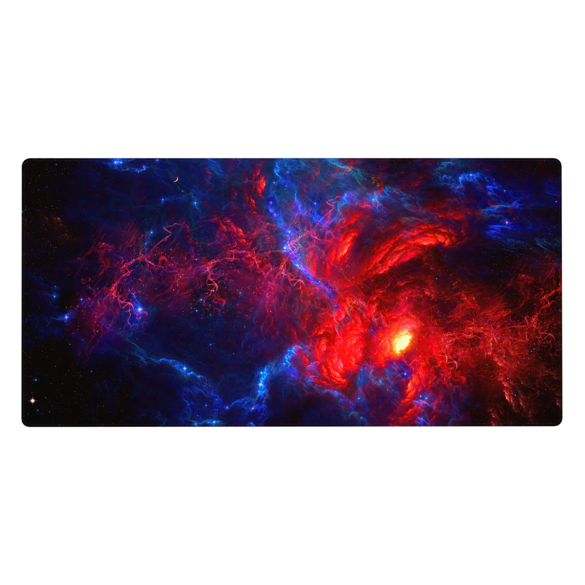 Large 40x20 inch desk pad featuring deep midnight blues with electric red accents and a cosmic abstract design.