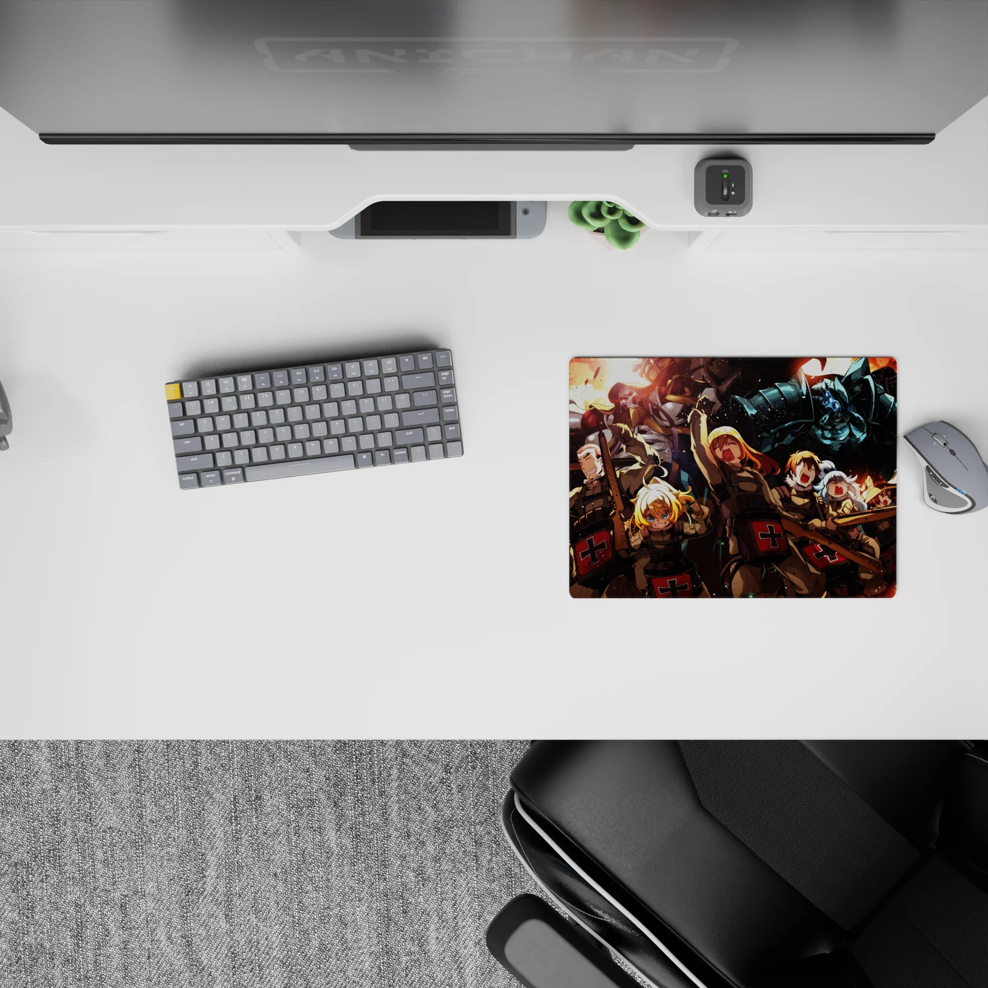 Fiery orange explosions and smoke-black shadows on a 14x10 inches classic anime mouse pad, high-energy action mood.