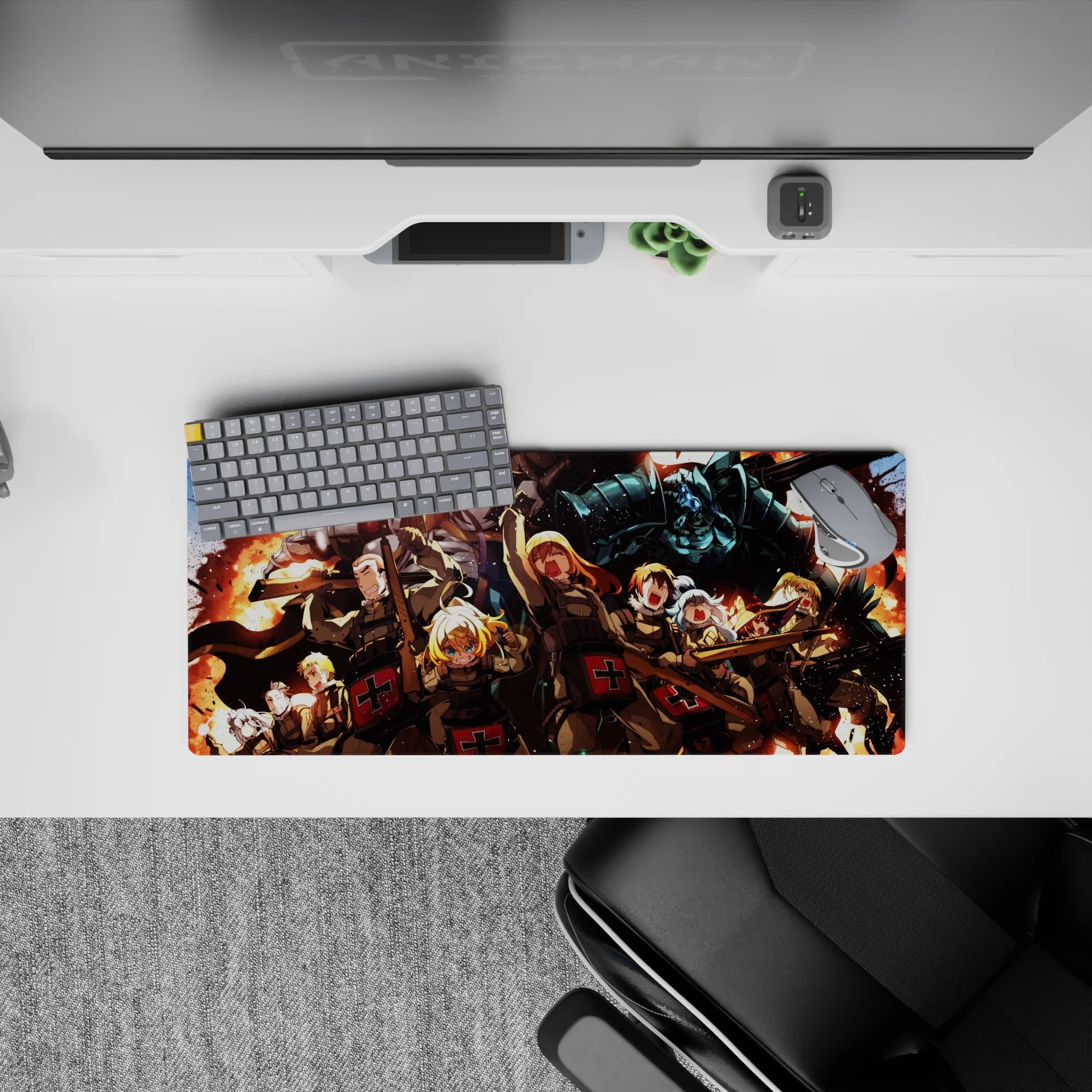 28x12 inches anime mouse pad in hot orange firelight and smoke-black shadows with red medic crosses.