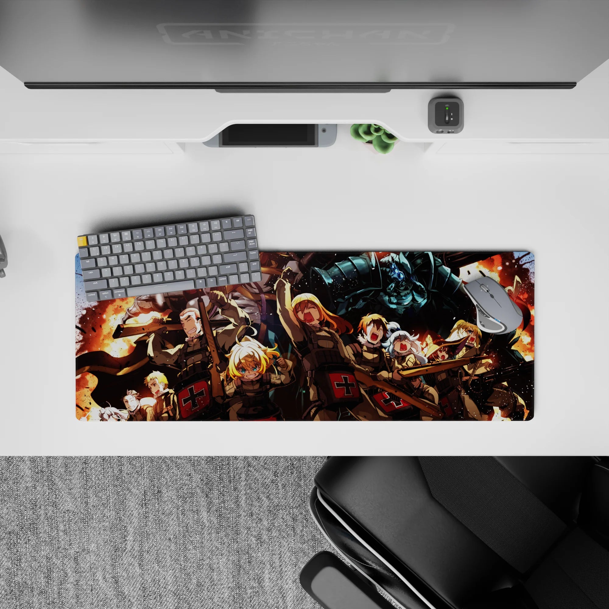 32x12 inches anime mouse pad in hot orange firelight and smoke-black shadows, packed with sparks and action.