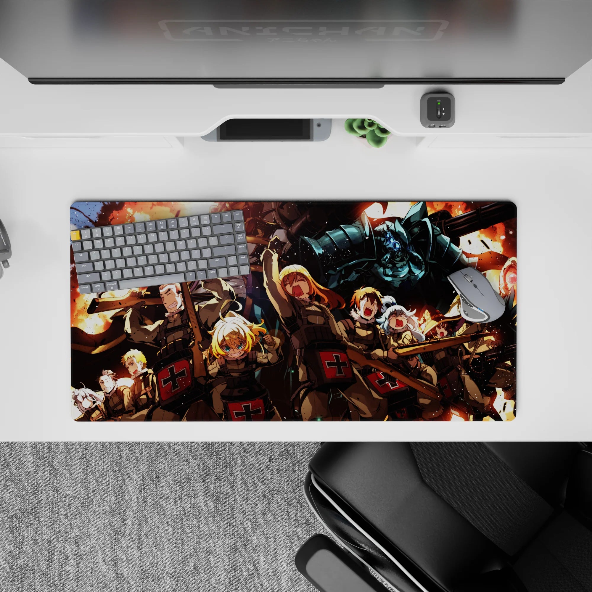 32x16 inches anime mouse pad in fiery orange blasts and smoke-black shadows, high-energy victory mood.