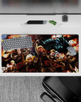 32x16 inches anime mouse pad in fiery orange blasts and smoke-black shadows, high-energy victory mood.