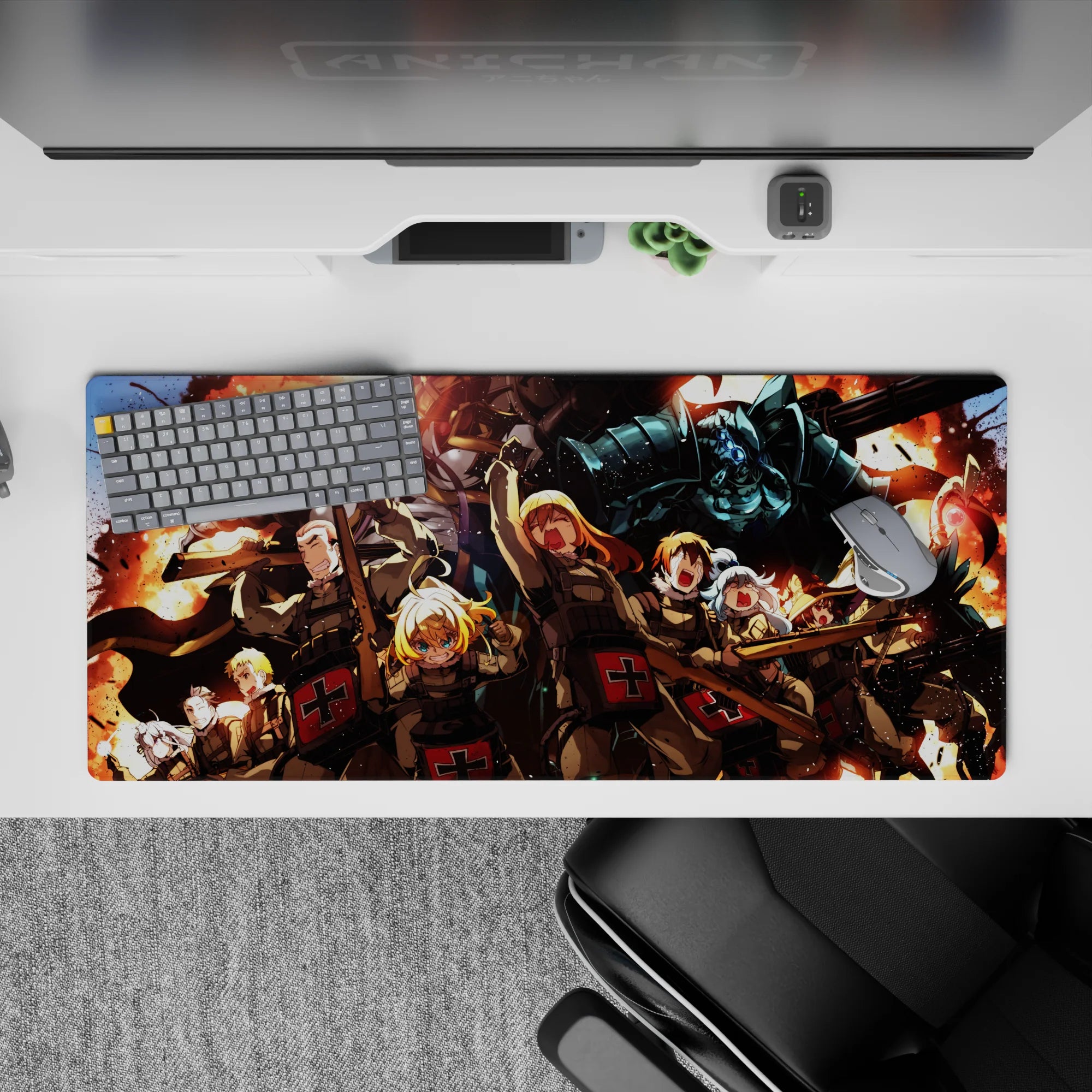 36x16 inches anime desk pad in hot orange firelight and smoke-black shadows, intense battlefield victory mood.