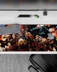 36x16 inches anime desk pad in hot orange firelight and smoke-black shadows, intense battlefield victory mood.