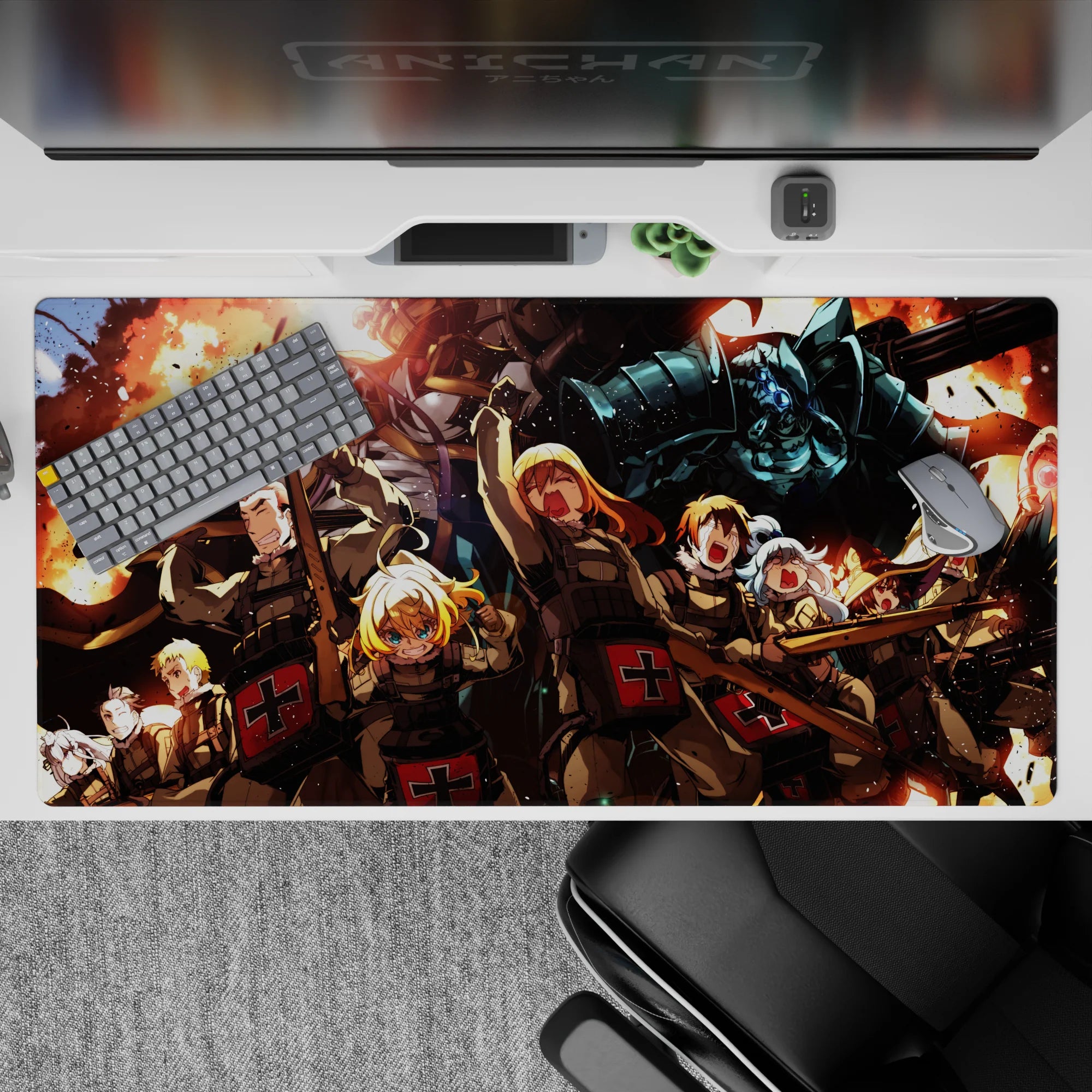 40x20 inches anime desk pad in hot orange firelight and smoke-black shadows, high-action tactical mood.