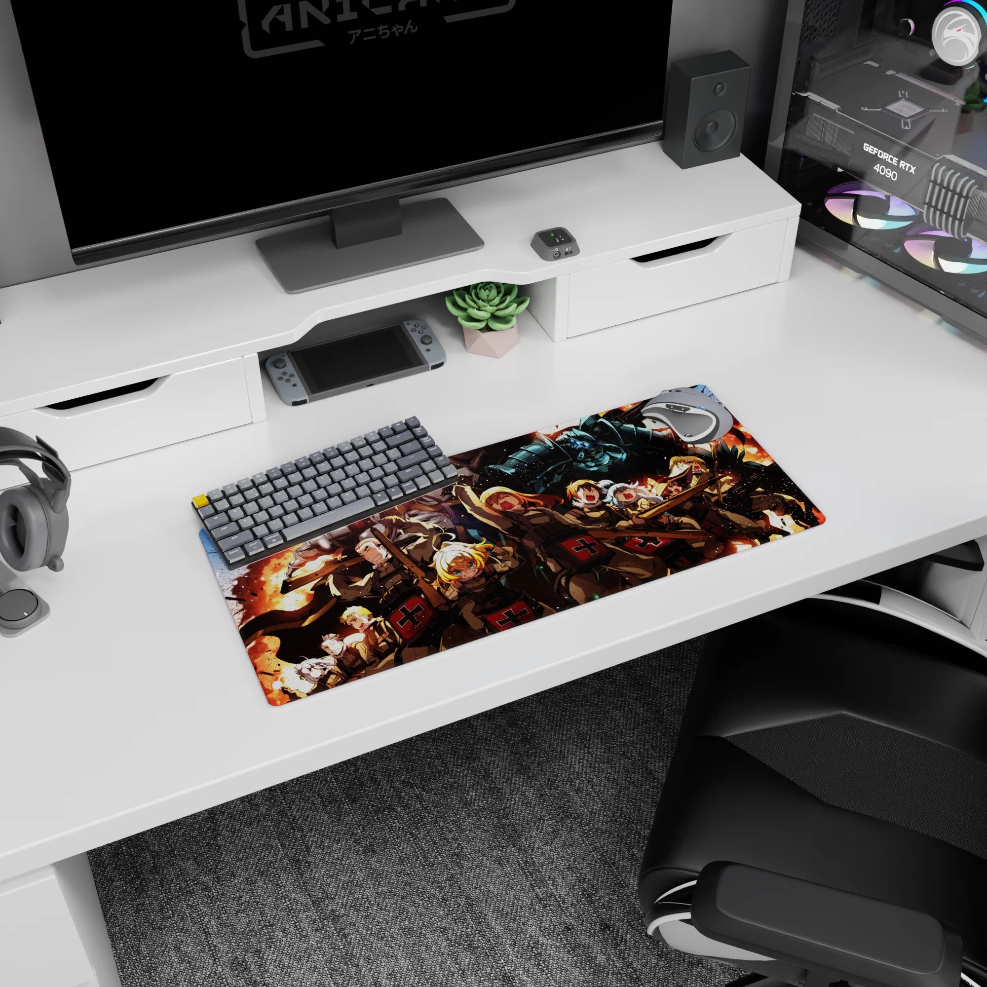 28x12 inches anime mouse pad showing soldiers rushing forward as a giant blue-steel armored warrior looms.