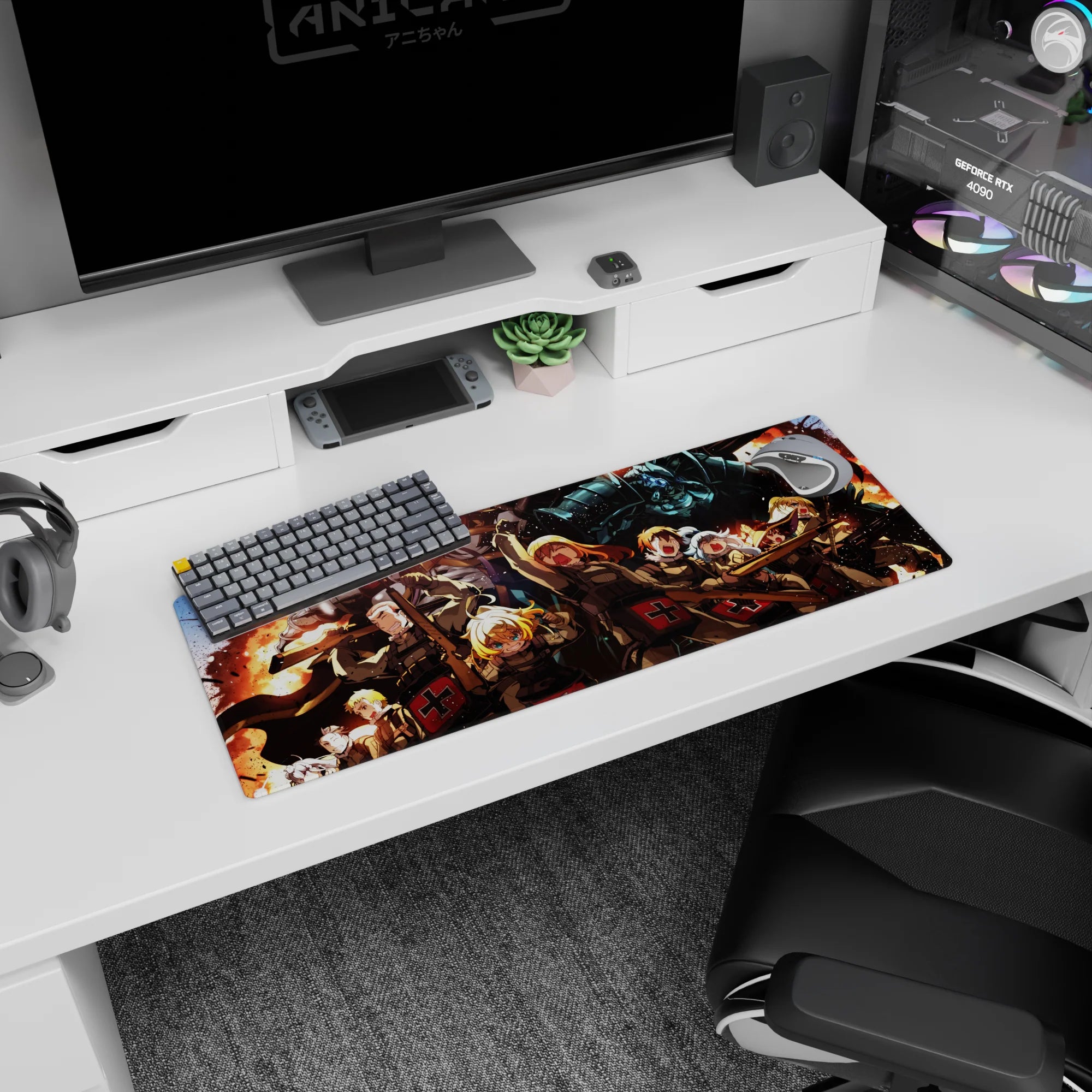 32x12 inches anime mouse pad showing a victory squad rushing past blasts beside a towering blue steel armored figure.