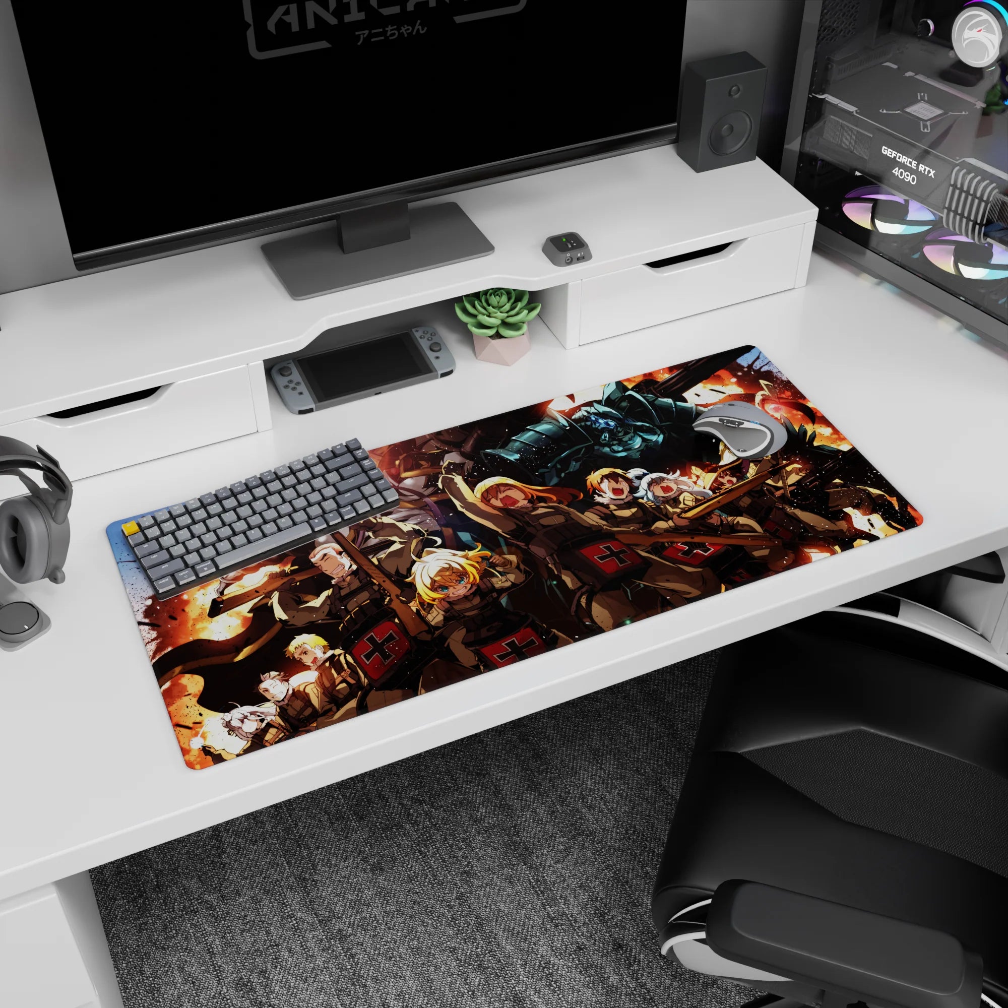 36x16 inches anime desk pad showing soldiers with raised rifles and a towering icy blue steel armored figure.