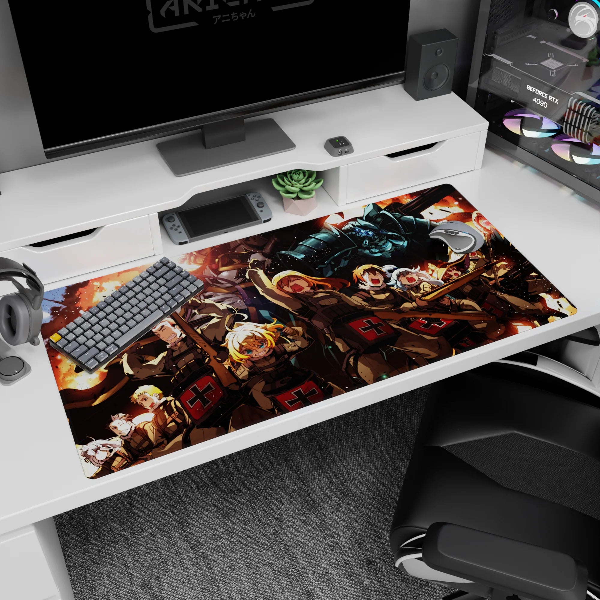 40x20 inches anime desk pad showing soldiers rushing with rifles as a towering icy blue armored figure looms.
